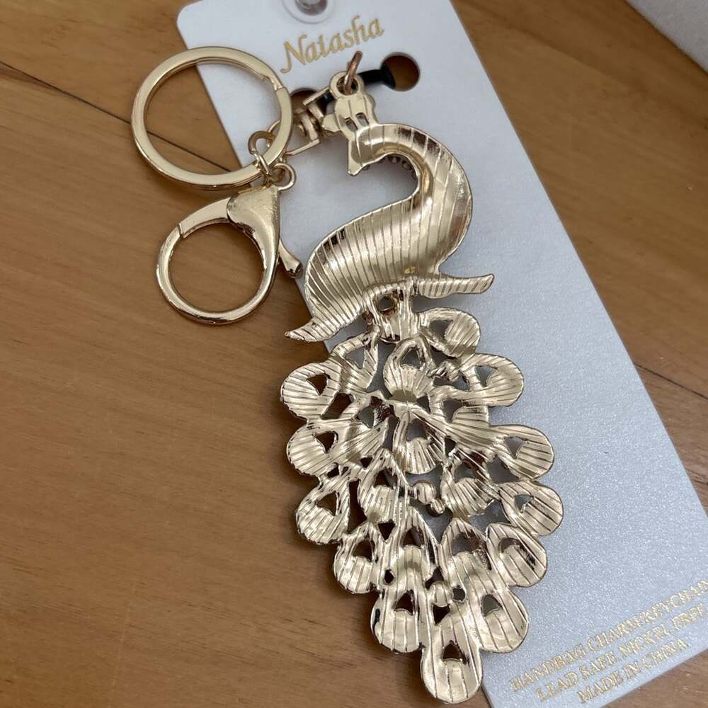 Natasha Rhinestone Peacock Bag Charm Keychain Brand New Bling Gold Rainbow - Picture 4 of 8